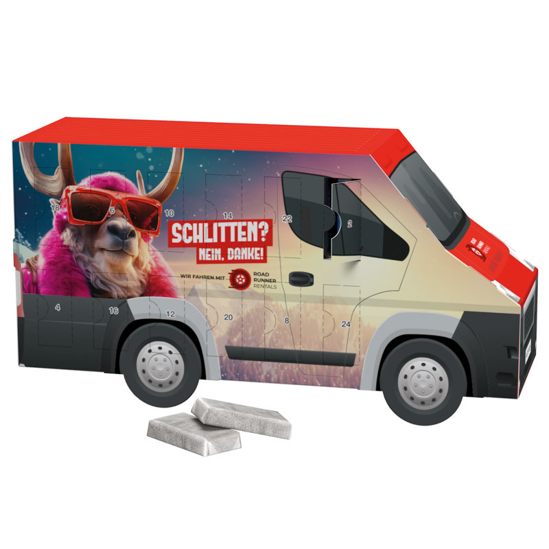 Adventskalender Transporter, Alpenmilch-Schokotäfelchen in Pergaminpapier