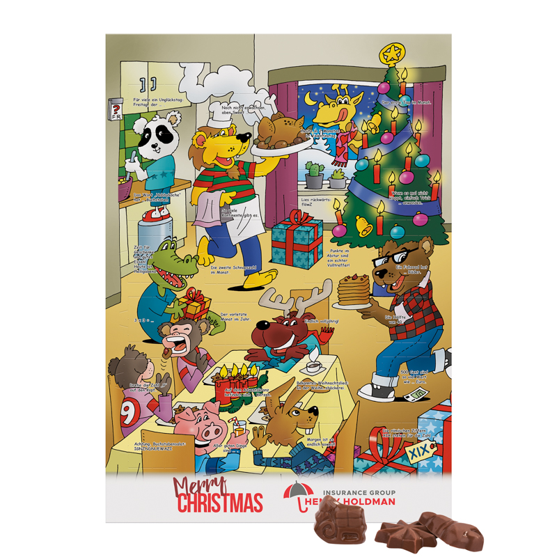 Classic Wand Adventskalender, Rätselmotiv, Graspapier, Hochformat, Friedel Vollmilch-Schokotäfelchen