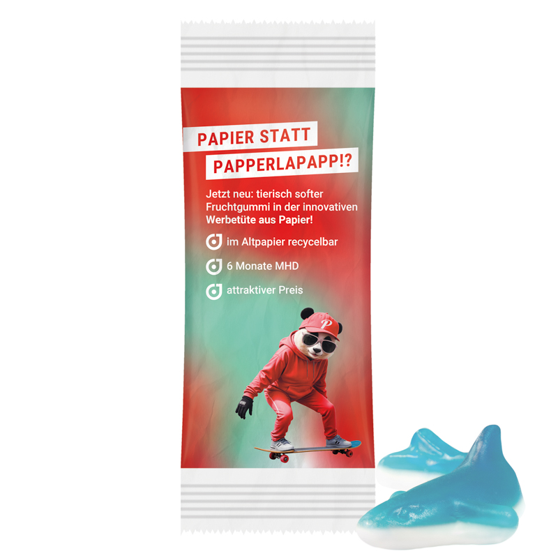 Trolli Fruchtgummi „Hai“, recyclefähigem Papier, weiß