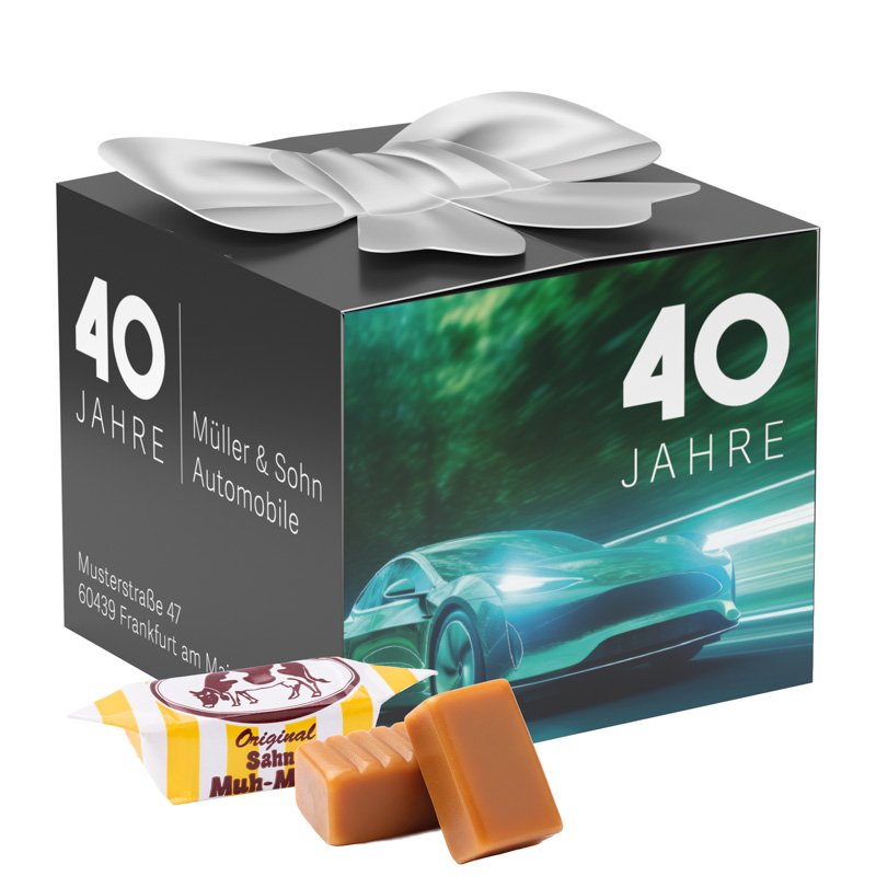 Geschenkbox Midi Schleife. Original Sahne Muh-Muhs Toffees