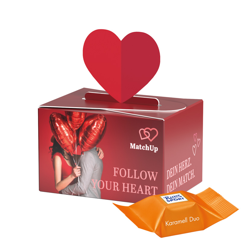 Geschenkbox Mini Herz, Ritter SPORT Schokowürfel Karamell Dou