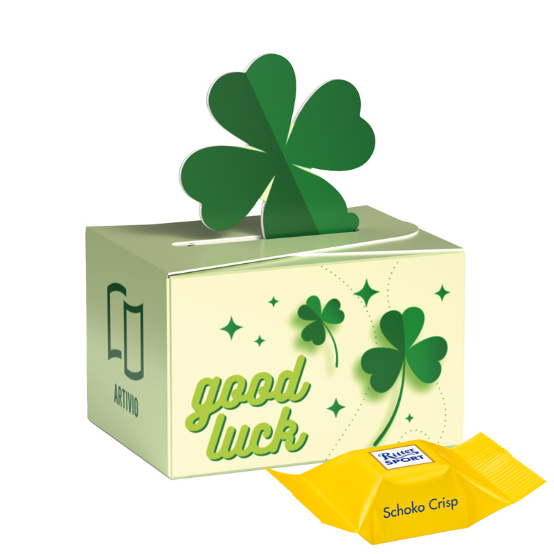 Geschenkbox Mini Kleeblatt, Ritter SPORT Schokowürfel Schoko Crisp