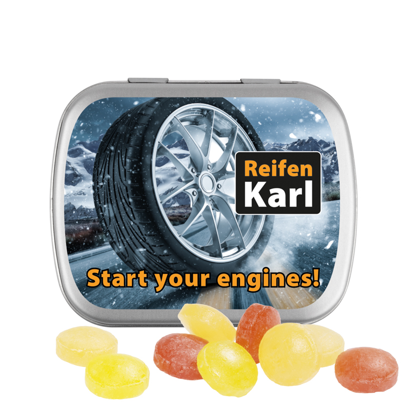 Klappdose, matt-silber, Mini Bonbons Fruchtmix