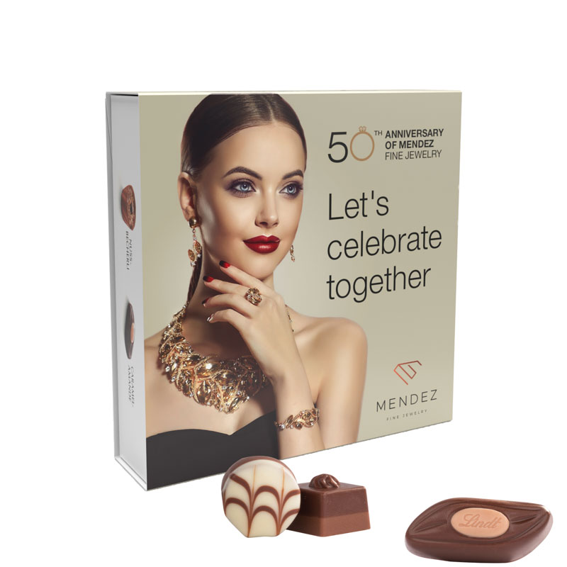 Lindt Präsent Werbeschuber aus weißem Karton Lindt Mini Pralinés