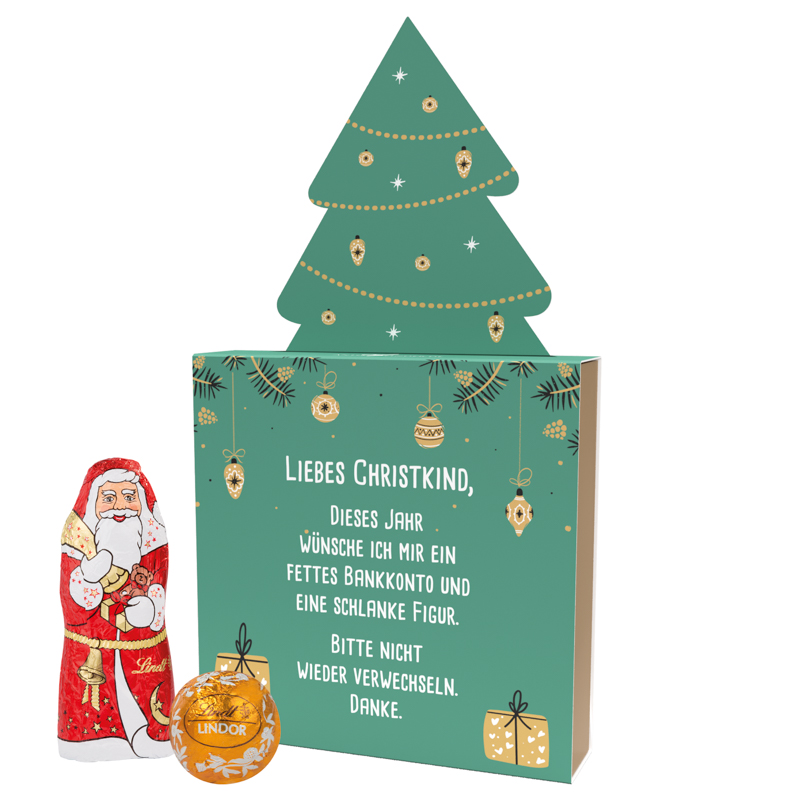 Lindt Präsent im Werbeschuber „Tannenbaum“, Kleine Kostbarkeiten Santa