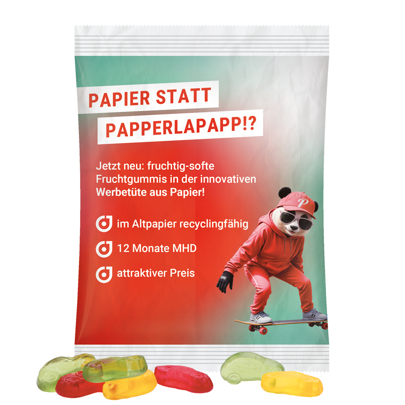 Maxitüte, recyclingfähiges PapierPlus Pro weiß, Trolli Fruchtgummi Autos, bunt gemischt
