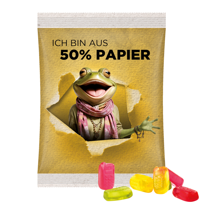 Maxitüte, Folie mit ca. 50% Papieranteil, weiß, Trolli Fruchtgummi Handy