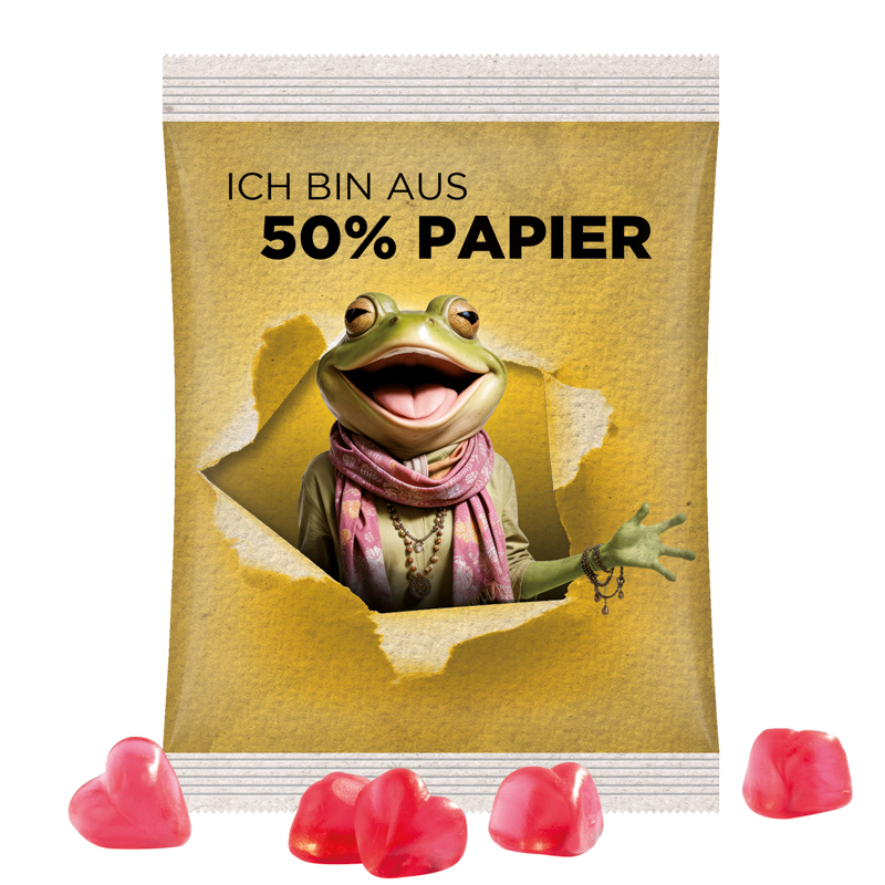 Maxitüte, Folie mit ca. 50% Papieranteil, weiß, Trolli Fruchtgummi Herz, rot