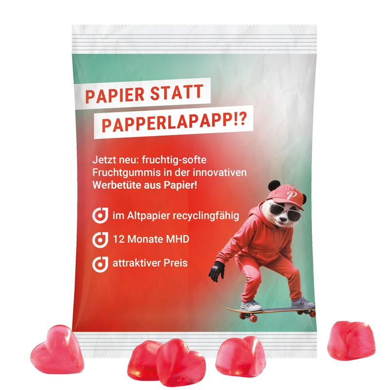 Maxitüte, recyclingfähiges PapierPlus Pro weiß, Trolli Fruchtgummi Herz rot
