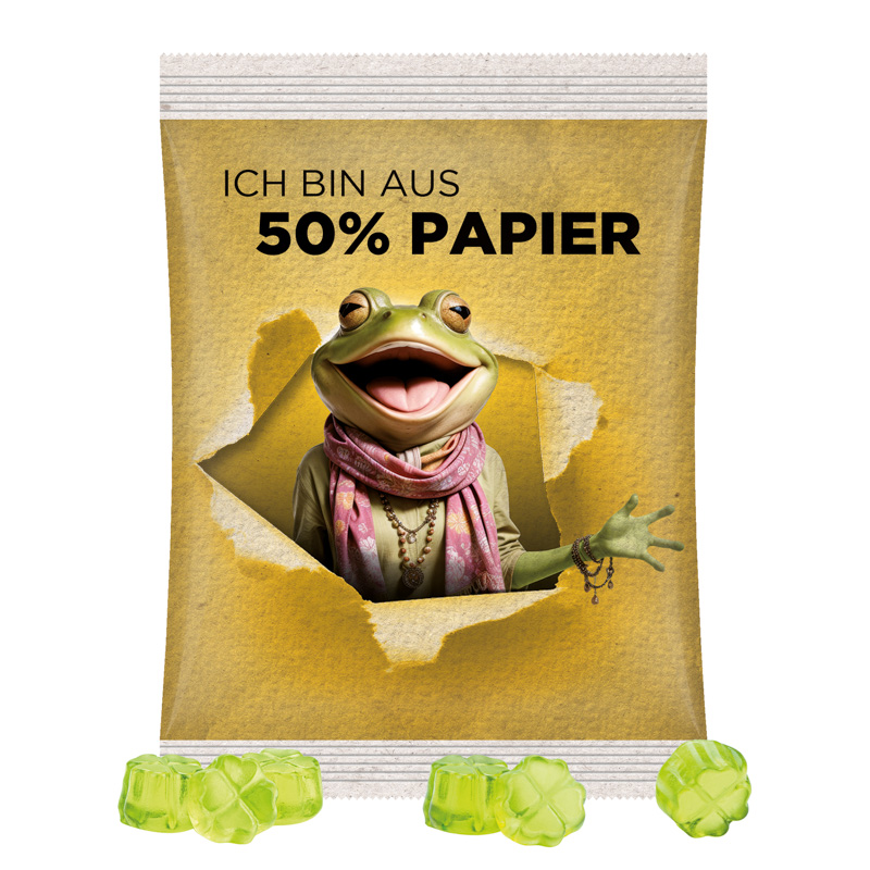 Maxitüte, Folie weiß mit ca. 50% Papieranteil, Trolli Fruchtgummi Kleeblatt