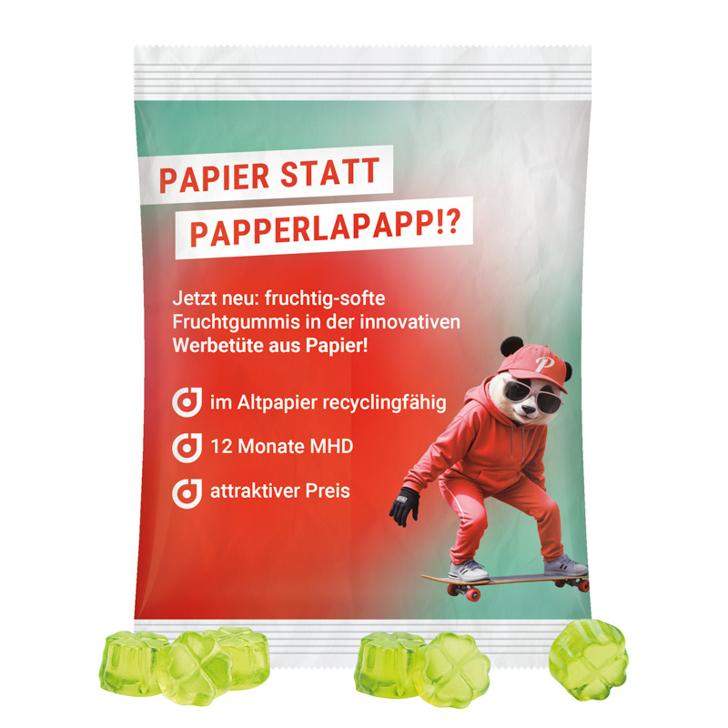 Maxitüte, recyclingfähiges Papier weiß, Trolli Fruchtgummi Kleeblatt