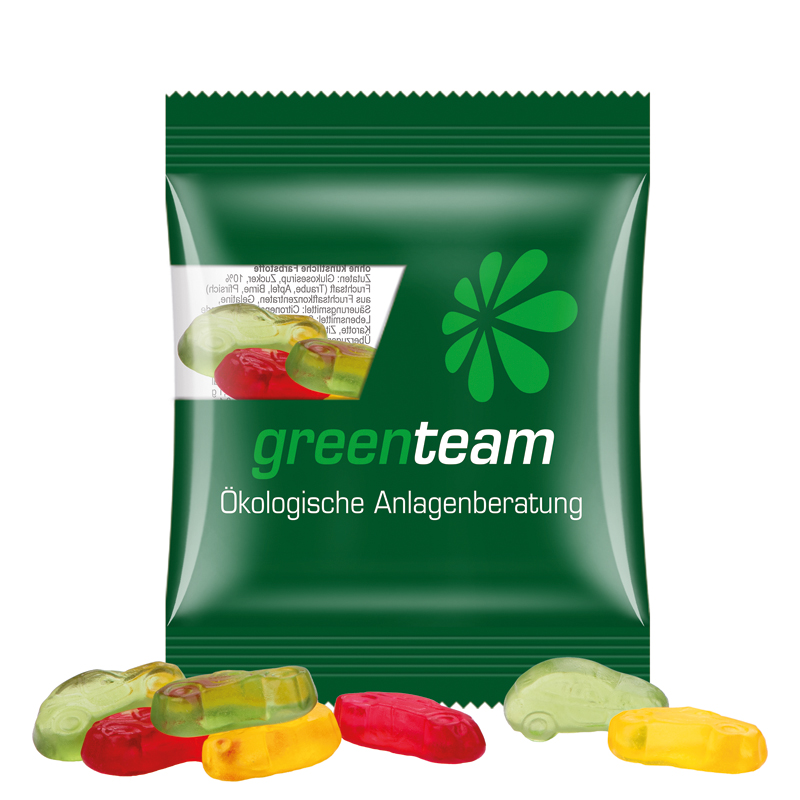 Minitüte 10 g, kompostierbare Folie transparent, Trolli Fruchtgummi Autos