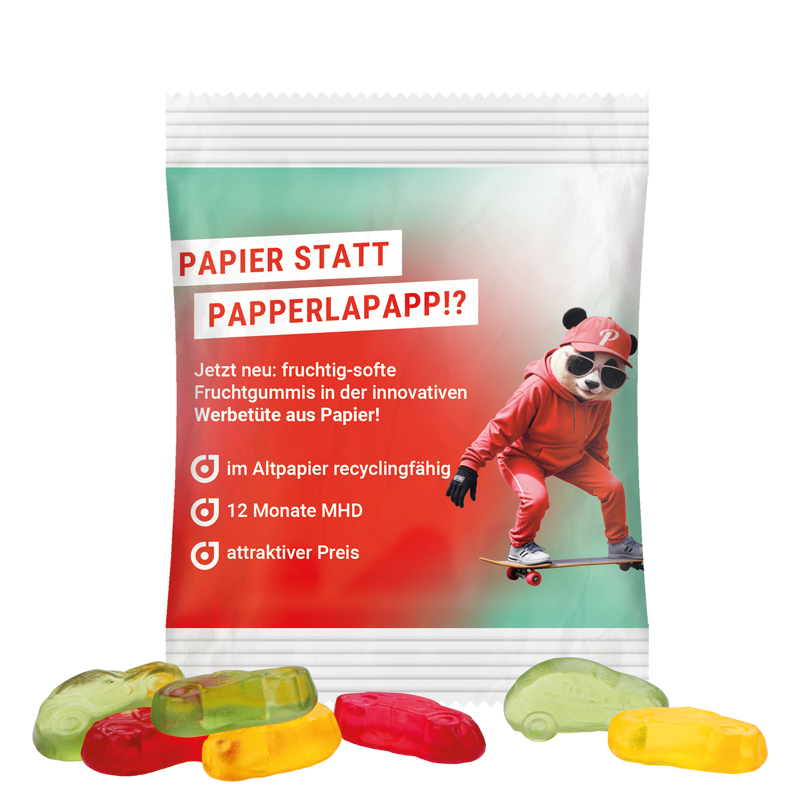 Minitüte 10 g, recyclingfähiges PapierPlus Pro weiß, Trolli Fruchtgummi Autos