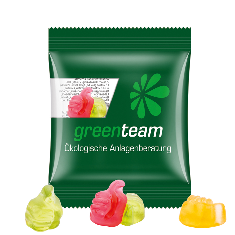 Minitüte 10 g, kompostierbare Folie transparent, Trolli Fruchtgummi Daumen