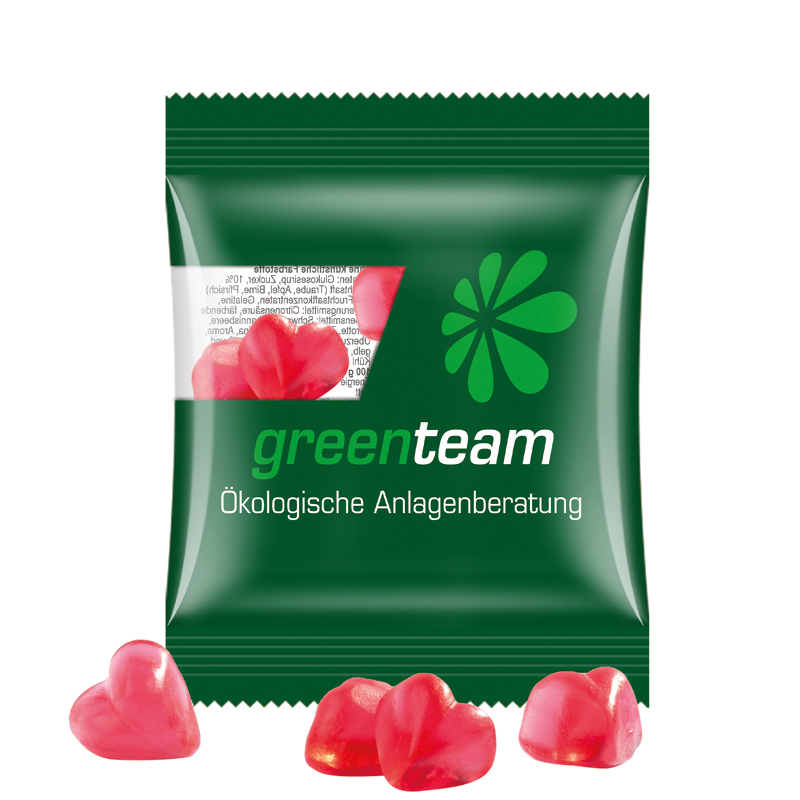 Minitüte 10 g, kompostierbare Folie transparent, Trolli Fruchtgummi Herz rot