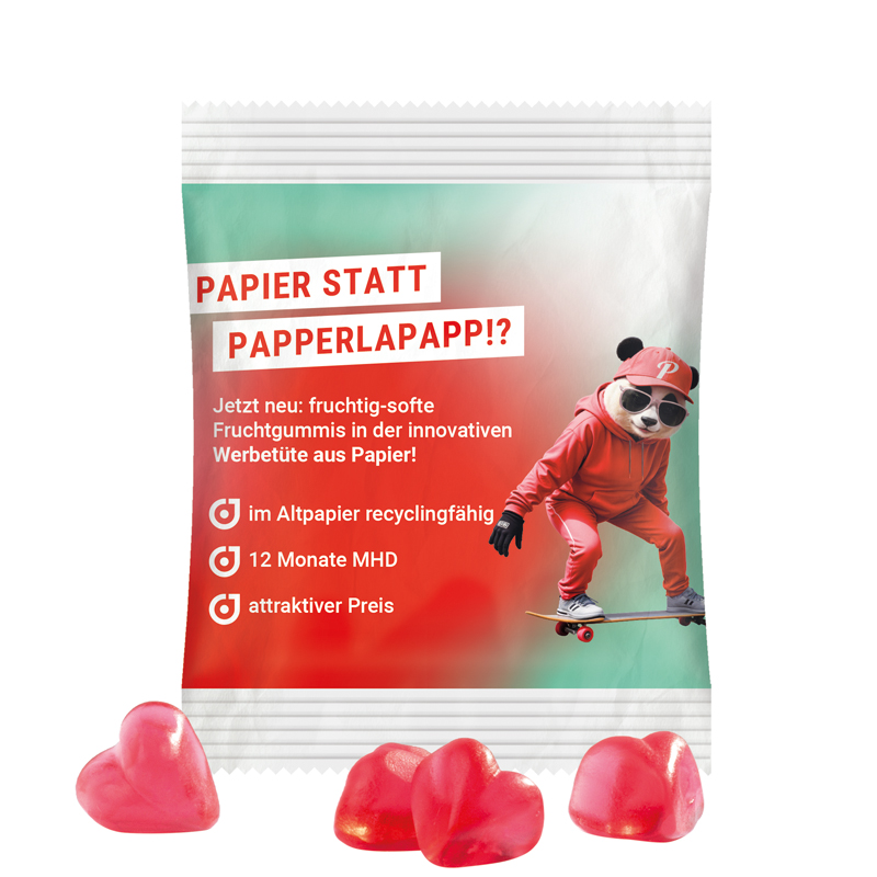 Minitüte 10 g, recyclingfähiges PapierPlus Pro weiß, Trolli Fruchtgummi Herz rot, Erdbeergeschmack