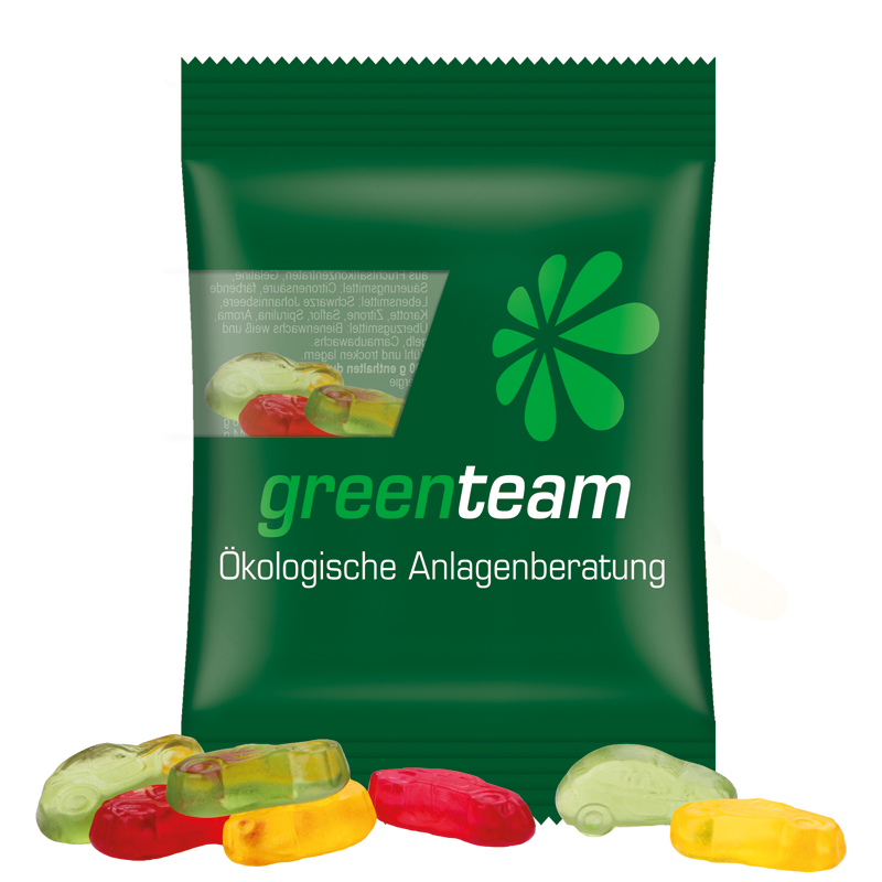 Minitüte 15 g, kompostierbare Folie transparent, Trolli Fruchtgummi Autos