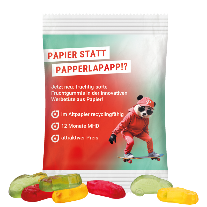 Minitüte 15 g, recyclingfähiges PapierPlus Pro weiß, Trolli Fruchtgummi Autos