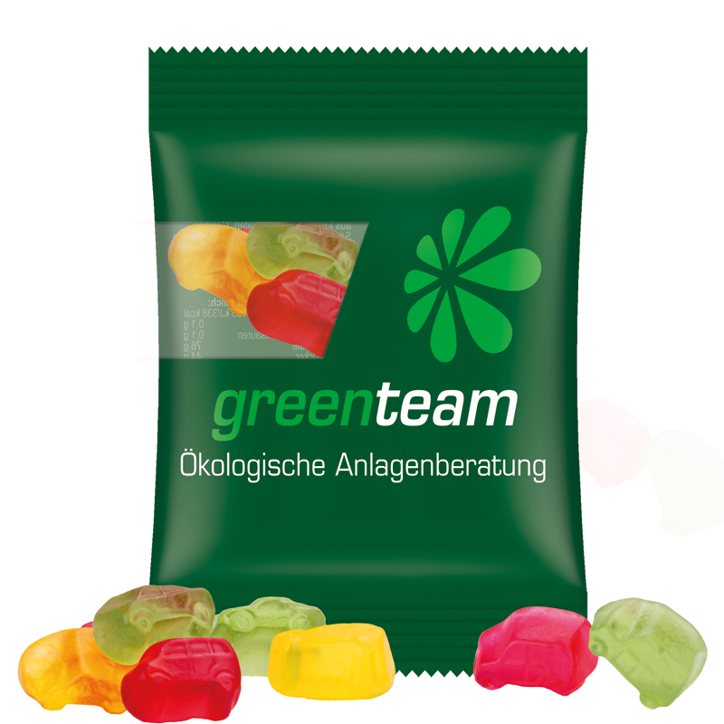 Minitüte 15 g, kompostierbare Folie transparent, Trolli Fruchtgummi Auto-Mischung
