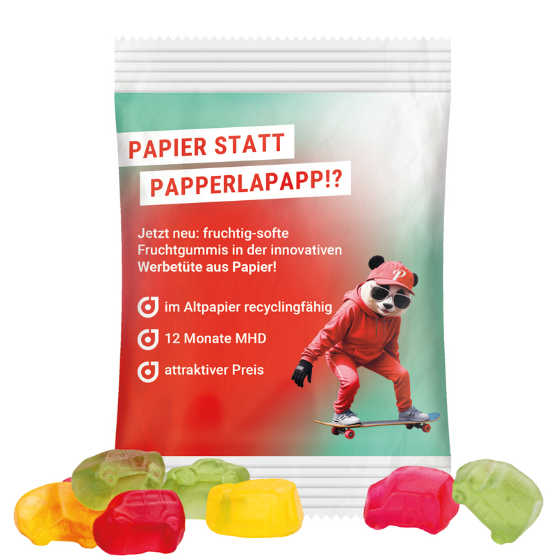 Minitüte 15 g, recyclingfähiges PapierPlus Pro weiß, Trolli Fruchtgummi Auto-Mischung