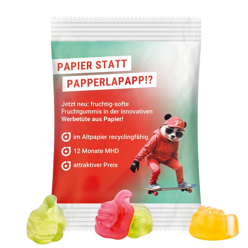 Minitüte 15 g, recyclingfähiges PapierPlus Pro weiß, Trolli Fruchtgummi Daumen