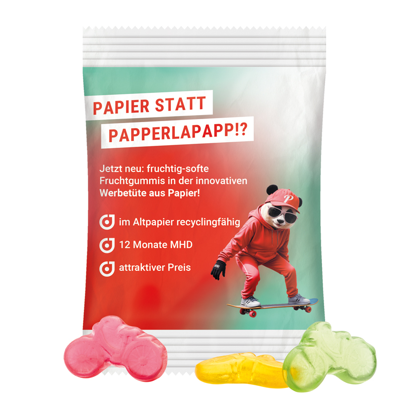 Minitüte 15 g, recyclingfähiges PapierPlus Pro weiß, Trolli Fruchtgummi Fahrrad