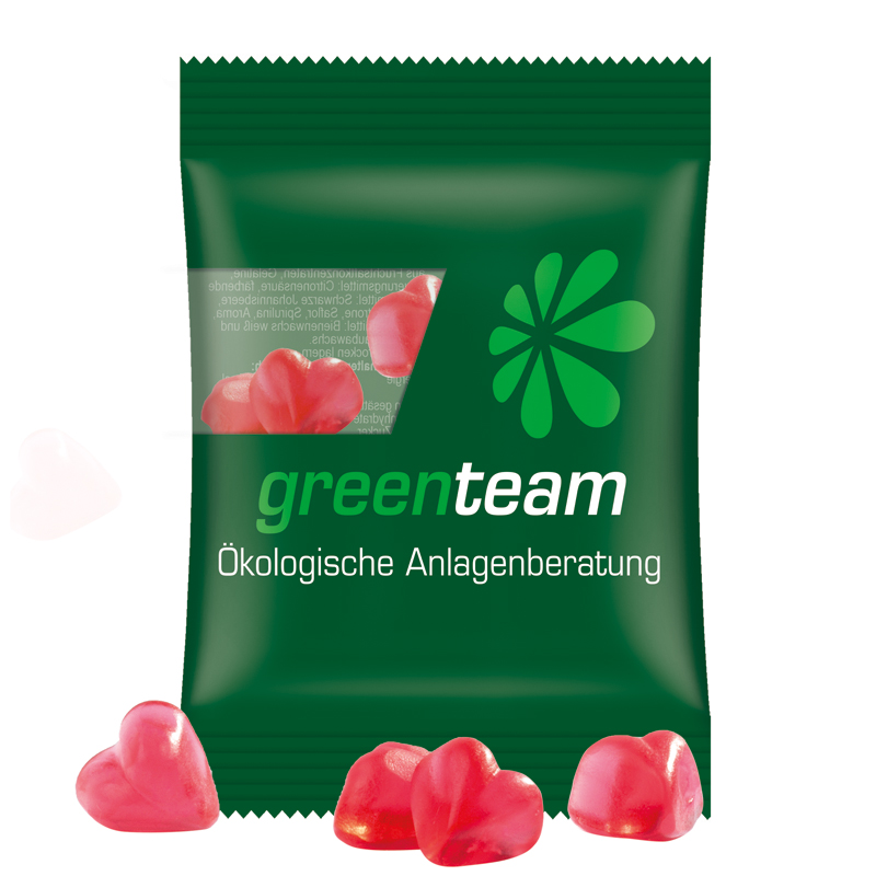 Minitüte 15 g, kompostierbare Folie transparent, Trolli Fruchtgummi Herz rot