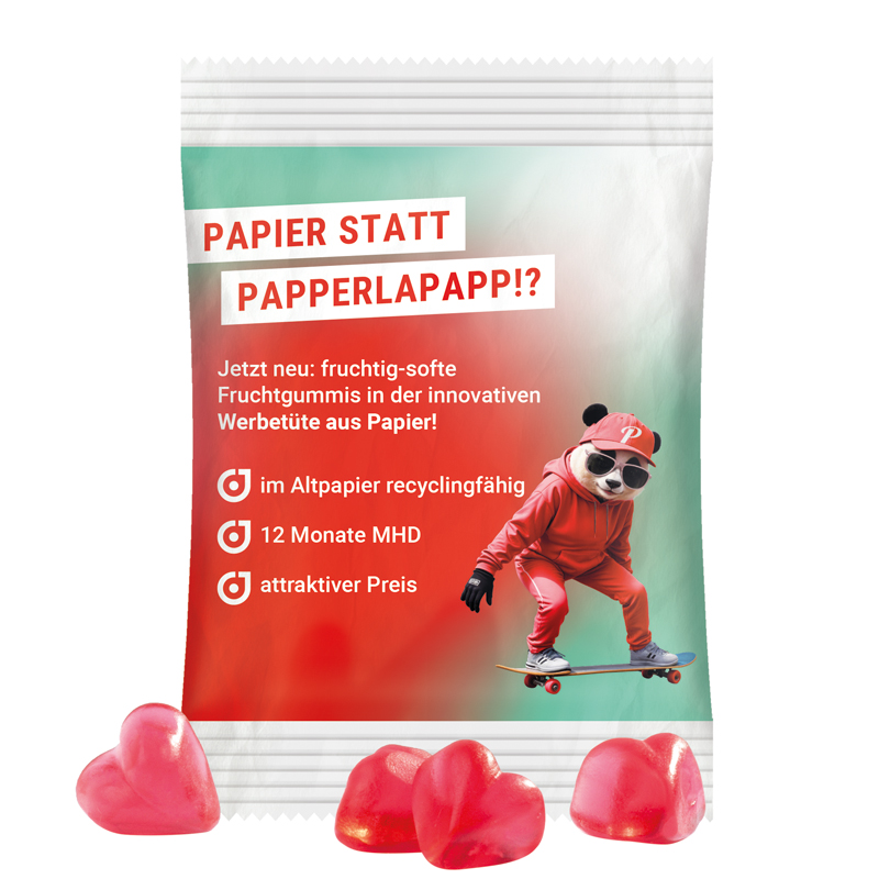 Minitüte 15 g, recyclingfähiges PapierPlus Pro weiß, Trolli Fruchtgummi Herz rot