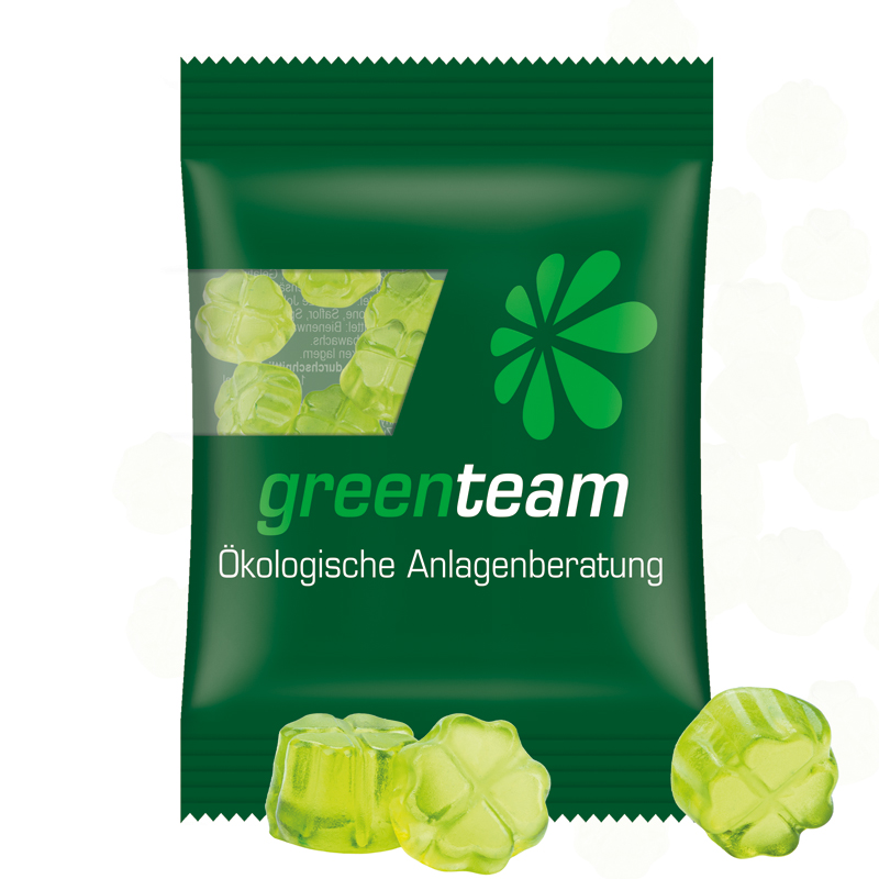 Minitüte 15 g, kompostierbare Folie transparent, Trolli Fruchtgummi Kleeblatt