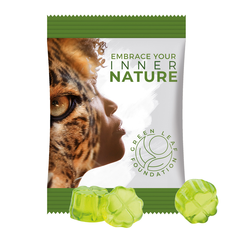 Minitüte 15 g, Folie weiß, Trolli Fruchtgummi Kleeblatt grün-15 g