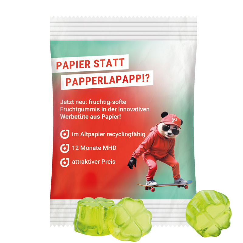 Minitüte 15 g, recyclingfähiges PapierPlus Pro weiß, Trolli Fruchtgummi Kleeblatt