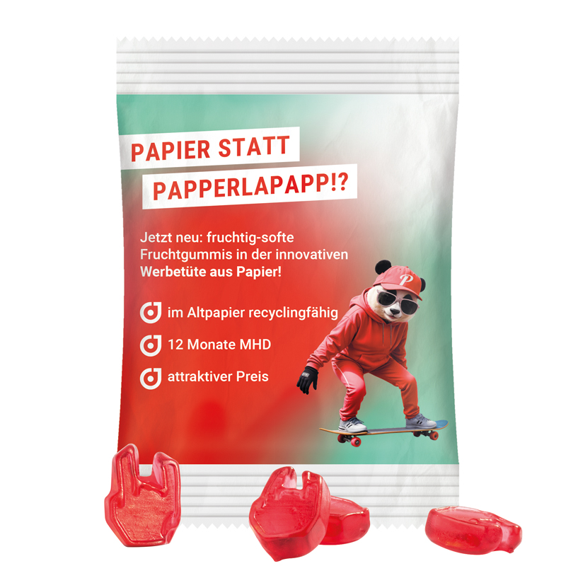 Minitüte Sonderform, 15 g, recyclingfähiges Papier, weiß, Fruchtgummi , 10 % Fruchtsaftanteil
