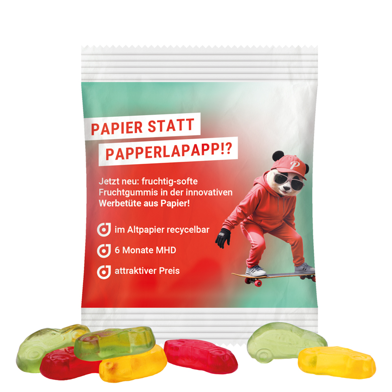 Minitüte,15 g, recyclingfähiges Papier weiß, Trolli Fruchtgummi Autos