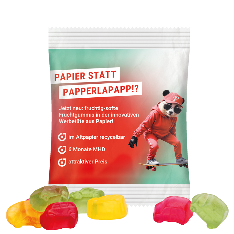 Minitüte, 15 g, recyclingfähiges Papier weiß, Trolli Fruchtgummi Auto-Mischung