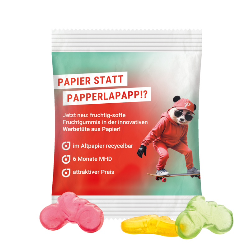 Minitüte, 15 g, recyclingfähiges Papier weiß, Trolli Fruchtgummi Fahrrad