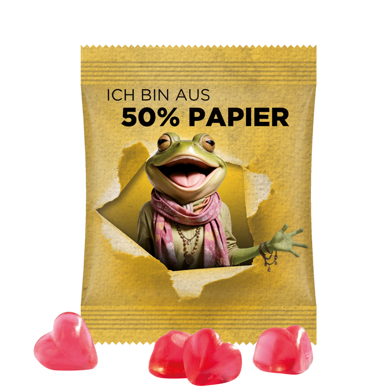 Minitüte, 15 g, Papierfolie weiß, Trolli Fruchtgummi Herz, rot