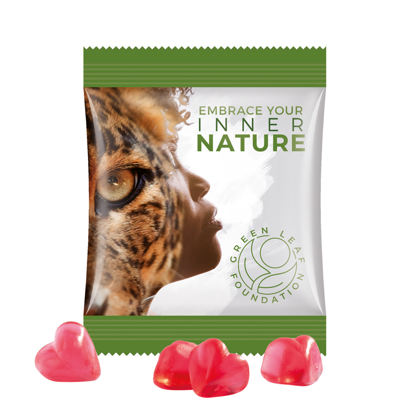 Minitüte,15 g, Folie weiß, Trolli Fruchtgummi Herz rot