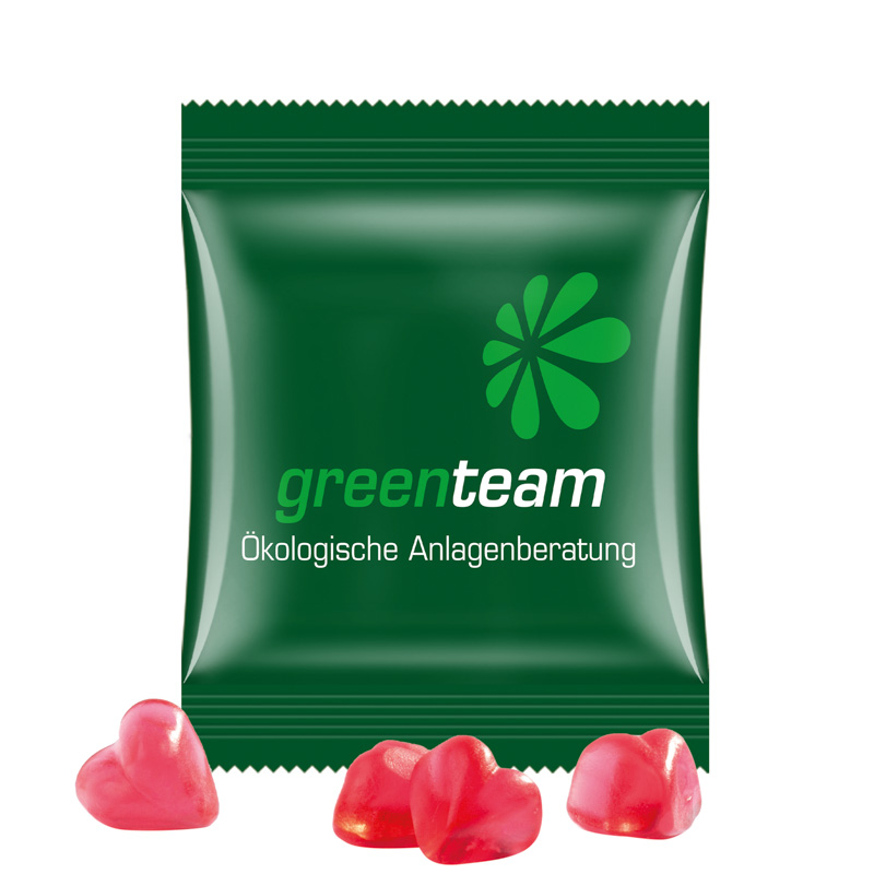 Minitüte 15 g, kompostierbare Folie weiß, Trolli Fruchtgummi Herz rot