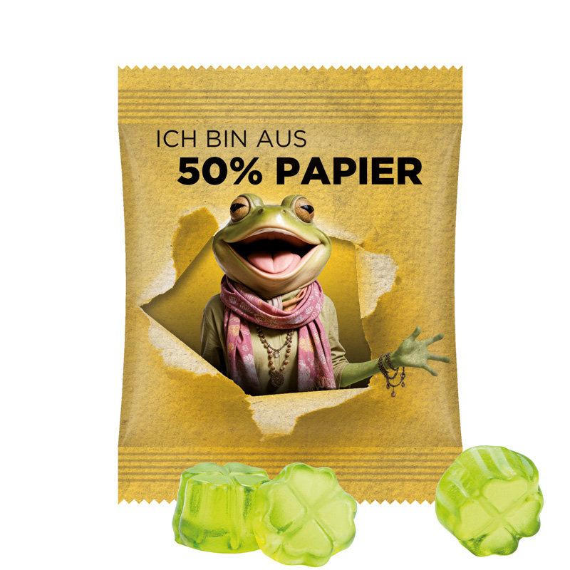 Minitüte 10 g, Papierfolie weiß, Trolli Fruchtgummi Kleeblatt