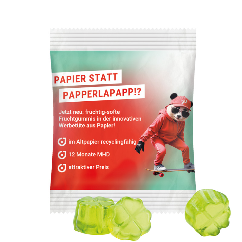 Minitüte 10 g, recyclingfähiges Papier weiß, Trolli Fruchtgummi Kleeblatt