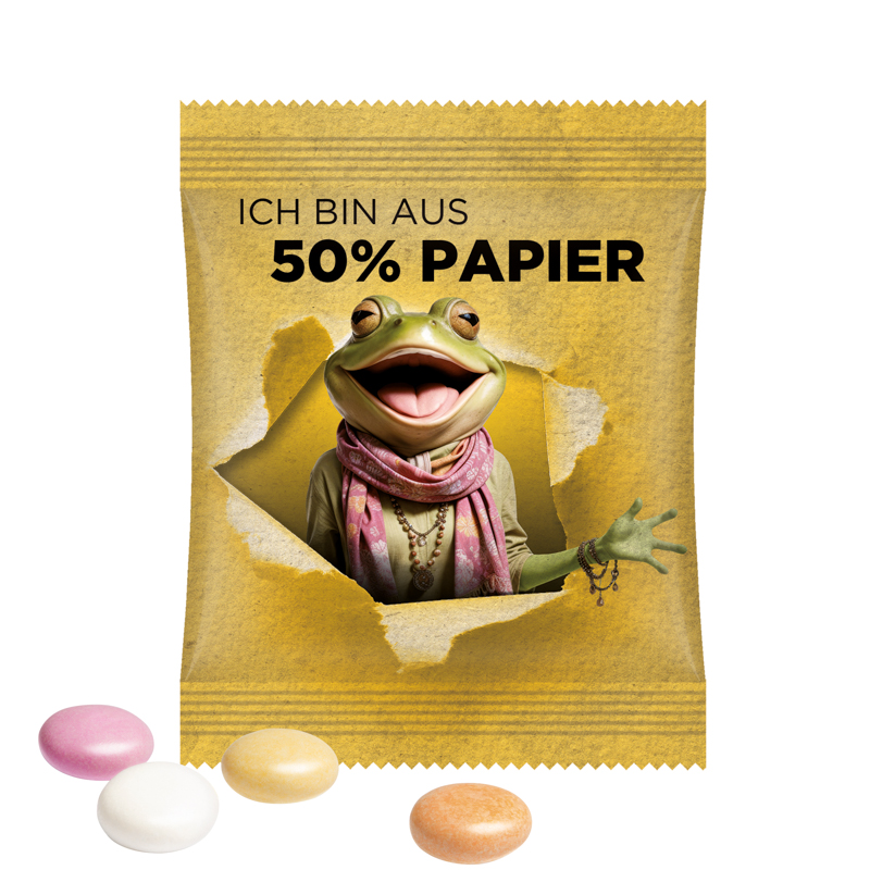 Minitüte, 8 g, Folie weiß mit ca. 50% Papieranteil, Mentos Kaudragee Fruit