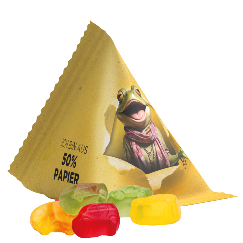 Fruchtgummi Tetraeder, Folie mit ca. 50% Papieranteil, weiß, Trolli Fruchtgummi Auto-Mischung