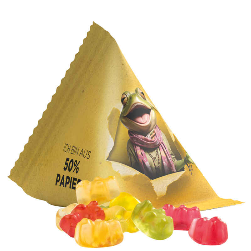 Fruchtgummi Tetraeder, Folie mit ca. 50% Papieranteil, weiß, Trolli Premium Bärchen,