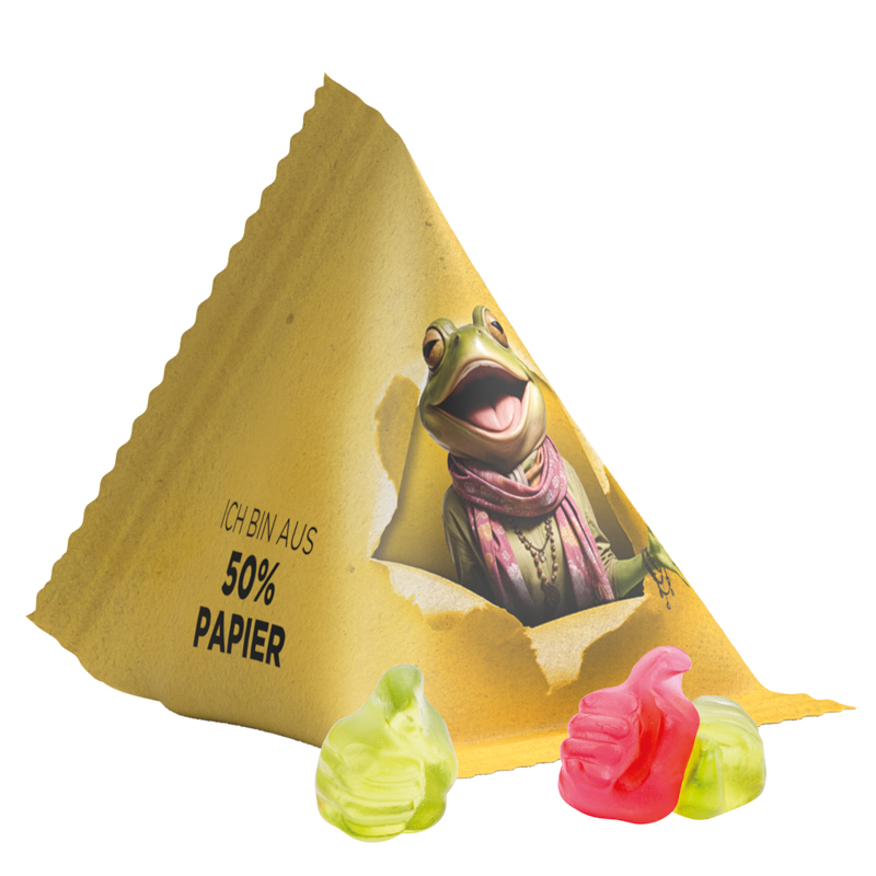 Fruchtgummi Tetraeder, Folie mit ca. 50% Papieranteil, weiß, Trolli Fruchtgummi Daumen