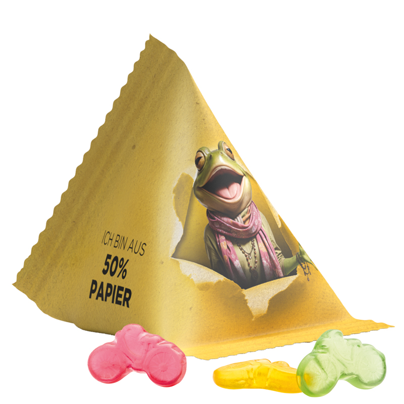 Fruchtgummi Tetraeder, Folie mit ca. 50% Papieranteil, weiß, Trolli Fruchtgummi Fahrrad