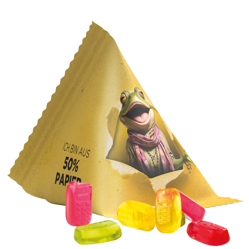 Fruchtgummi Tetraeder, Folie mit ca. 50% Papieranteil, weiß, Trolli Fruchtgummi Handy