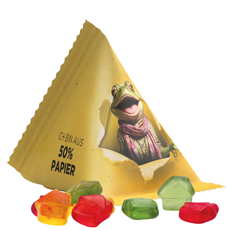 Fruchtgummi Tetraeder, Folie mit ca. 50% Papieranteil, weiß, Trolli Fruchtgummi Haus