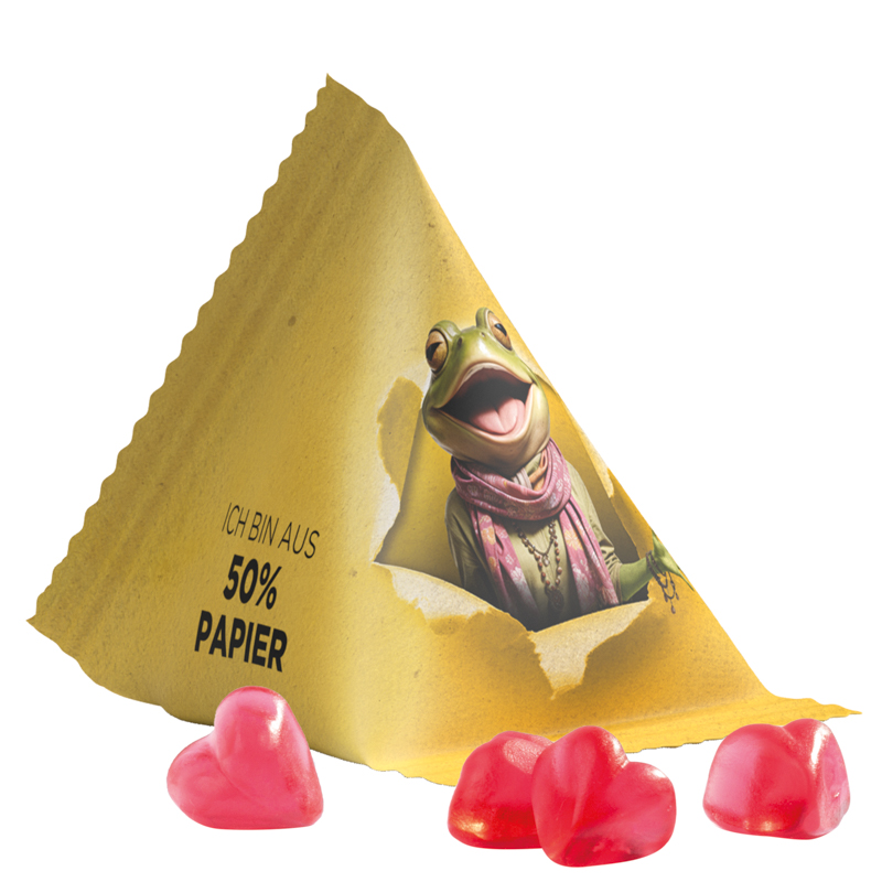 Fruchtgummi Tetraeder, Folie mit ca. 50% Papieranteil, weiß, Trolli Fruchtgummi Herz rot