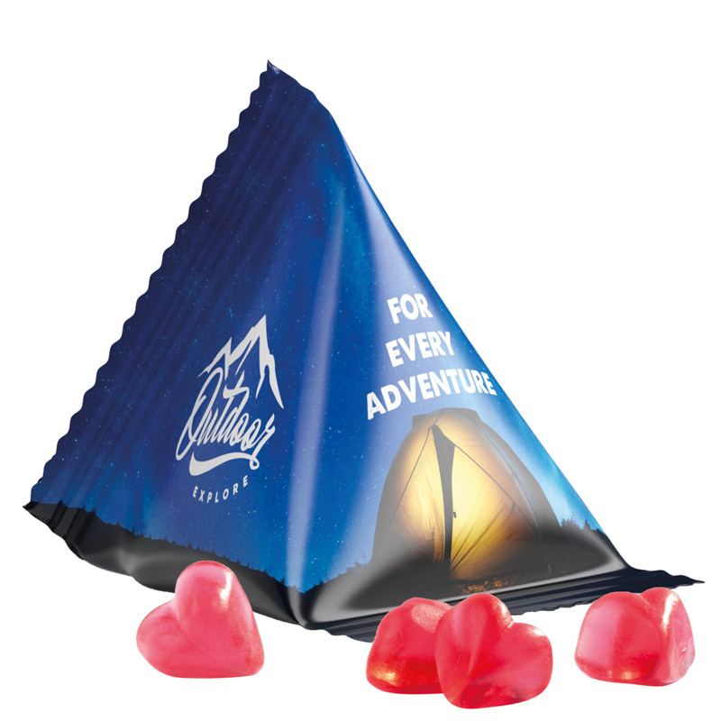 Fruchtgummi Tetraeder, Folie weiß, Trolli Fruchtgummi Herz rot