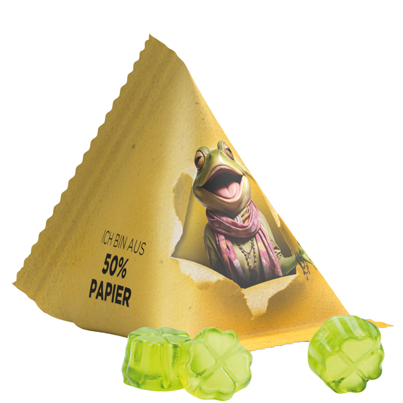 Fruchtgummi Tetraeder, Folie mit ca. 50% Papieranteil, weiß, Trolli Fruchtgummi Kleeblatt